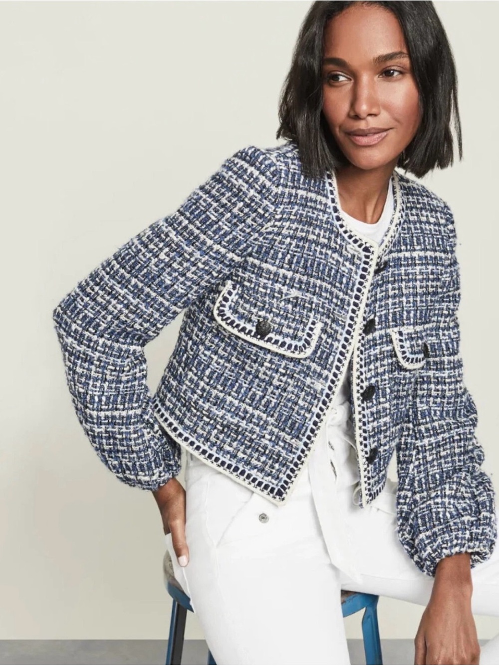 Veronica Beard Brim Blue and White Tweed Cropped Jacket